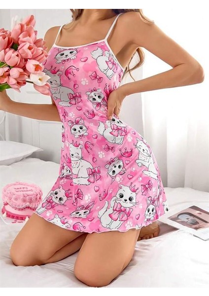 Pembe Kedi Desenli Fantezi Gecelik fırsatları