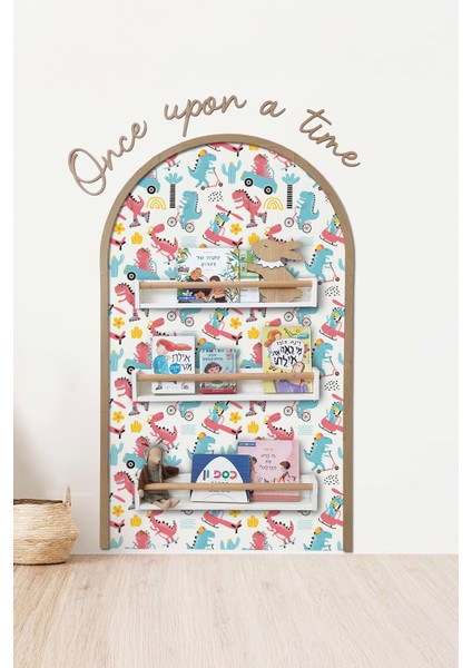 Renkli Dinozor Çocuk-Bebek-Kreş Odası Dekoru, Duvar Stickeri, Once Upon A Time Yapışkan Yazı, Oval Çerçeve, Kitap Köşesi, Masal Köşesi, Duvar Kağıdı, Torun Yeni Doğan Hediyesi, Karne Hediyesi