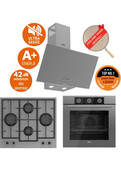 Fryart&silentart Pıva/ Sessiz Yeni Seri Antrasit Gri Ankastre Set (D088-SA + QXE62CPR +LN388)