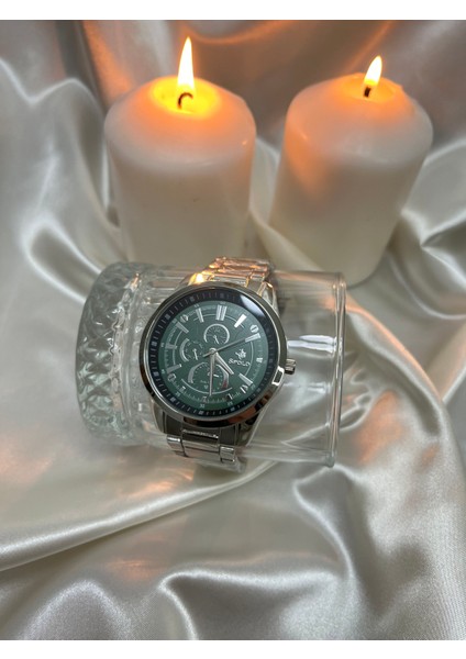 Erkek Gümüş Gri Yeşil Kadranlı Kol Saati