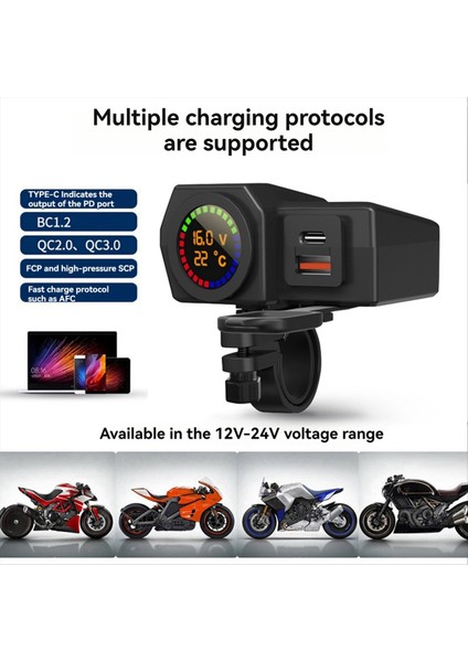 USB Socket Motosiklet Gideri ve Arka Ayna Su Geçirmez Hızlı Şarj Cihazı Telefon Güç Adaptörü Dijital Voltmetre Termometresi (Yurt Dışından) indirimleri