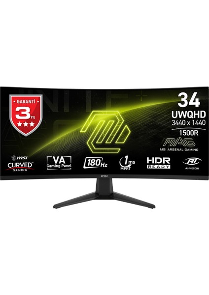 Msı 34 Mag 346CQ 3440X1440 (Uwqhd) 21:9 Curve 1500R Va 180HZ 1ms (Mprt) Freesync Premıum Gamıng Monıtor