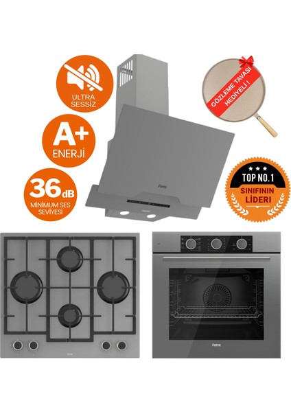 Fryart&silentart Nore/ Sessiz Yeni Seri Antrasit Gri Ankastre Set (D065-SA + QXE62CPR +LN388)