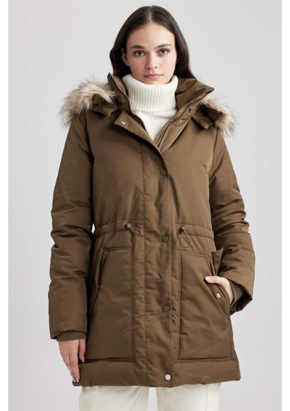 Su İtici Şişme Mont Parka Oversize Geniş Kalıp Çıkarılabilir Suni Kürk Kapüşonlu Fermuarlı Çıtçıt Kapamalı Cepli