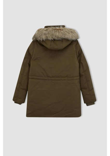 Su İtici Şişme Mont Parka Oversize Geniş Kalıp Çıkarılabilir Suni Kürk Kapüşonlu Fermuarlı Çıtçıt Kapamalı Cepli