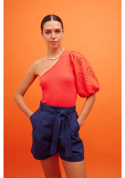 Slim Fit Dar Kesim Tek Omuzlu Fitilli Kaşkorse Kısa Kollu Tişört A7349AX23SM