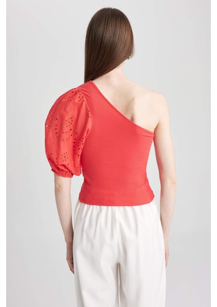 Slim Fit Dar Kesim Tek Omuzlu Fitilli Kaşkorse Kısa Kollu Tişört A7349AX23SM