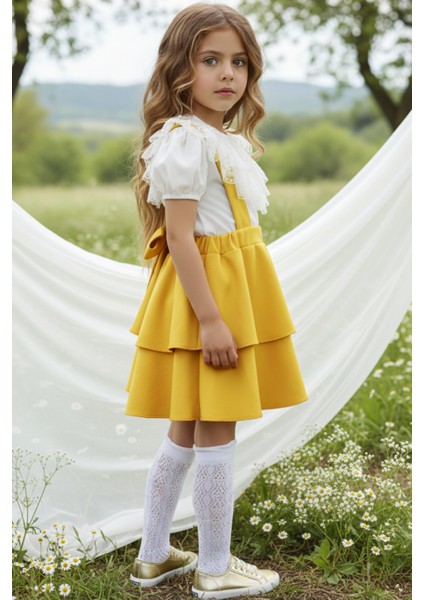 Kız Çocuk Helen Sarı Askılı Kat Kat Bağlama Jile Elbise Dantel Detay Ekru Kısa Kollu Bluz Takım TKM-0181.4