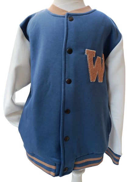 Erkek Çocuk Kolej Mont Mavi - Krem W Nakışlı Şardonlu Tam Kalıp