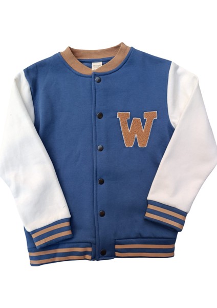 Erkek Çocuk Kolej Mont Mavi - Krem W Nakışlı Şardonlu Tam Kalıp
