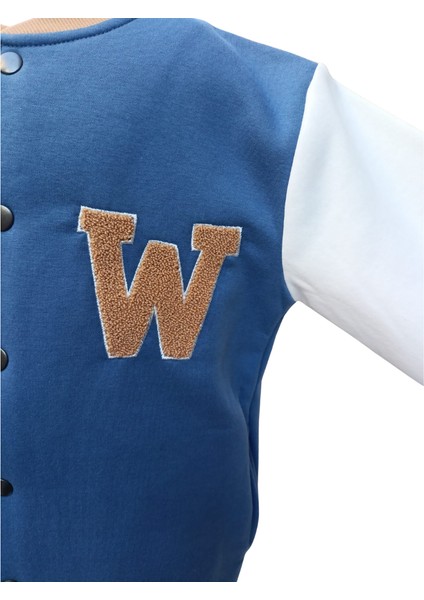 Erkek Çocuk Kolej Mont Mavi - Krem W Nakışlı Şardonlu Tam Kalıp