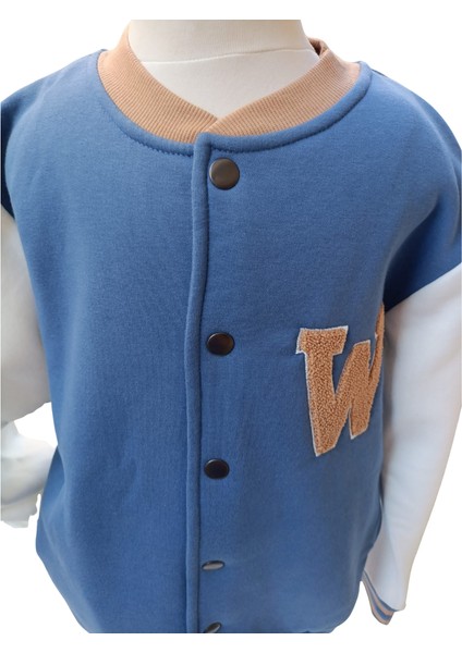 Erkek Çocuk Kolej Mont Mavi - Krem W Nakışlı Şardonlu Tam Kalıp