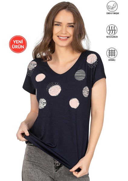 Özkan 25862 Kadın Lacivert Vorteks Viskon Premium Kumaş Örme Bluz Önü Baskılı V Yaka Kısa Kollu Bluz