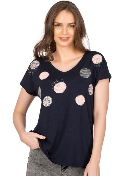 Özkan 25862 Kadın Lacivert Vorteks Viskon Premium Kumaş Örme Bluz Önü Baskılı V Yaka Kısa Kollu Bluz fiyatları