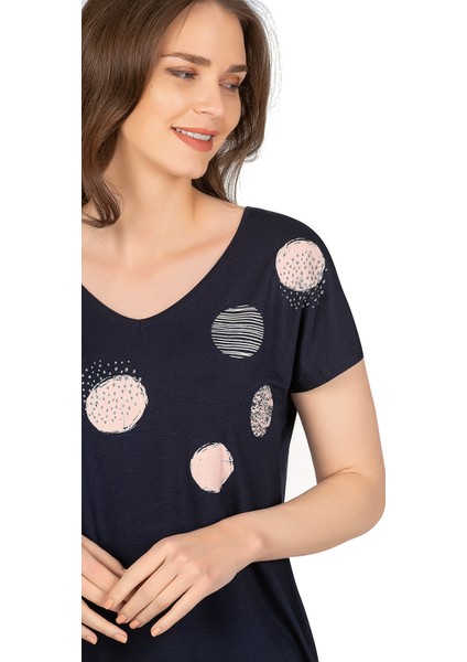Özkan 25862 Kadın Lacivert Vorteks Viskon Premium Kumaş Örme Bluz Önü Baskılı V Yaka Kısa Kollu Bluz fırsatları
