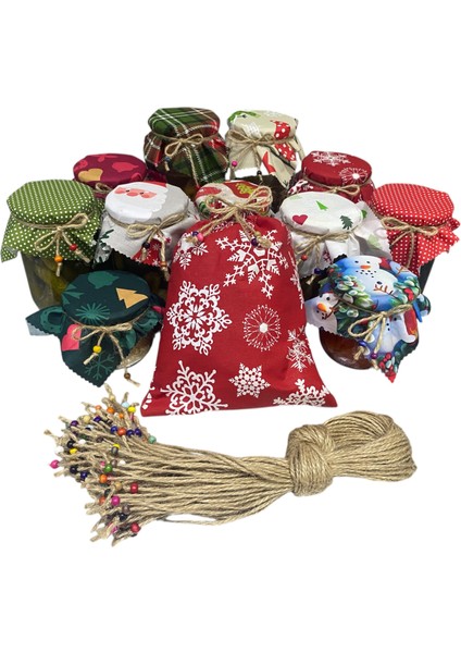 50 Adet Yılbaşı Konseptli Kavanoz Kapağı Kumaşı (Örtüsü) ve Boncuklu Bağlama Ipi ile 1 Adet Kese