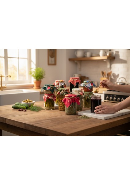 50 Adet Yılbaşı Konseptli Kavanoz Kapağı Kumaşı (Örtüsü) ve Boncuklu Bağlama Ipi ile 1 Adet Kese fiyatları