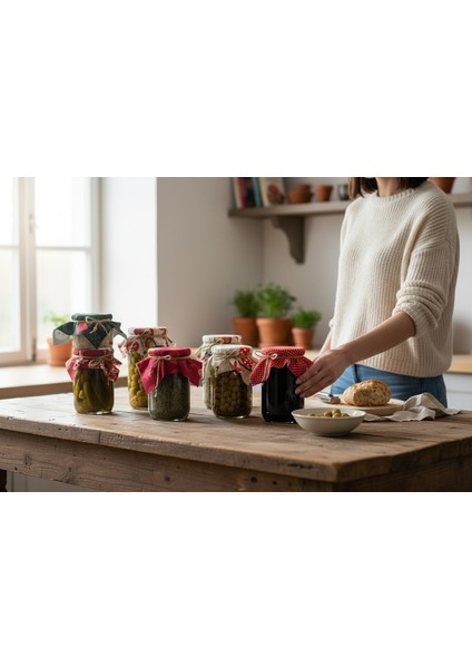 50 Adet Yılbaşı Konseptli Kavanoz Kapağı Kumaşı (Örtüsü) ve Boncuklu Bağlama Ipi ile 1 Adet Kese modelleri