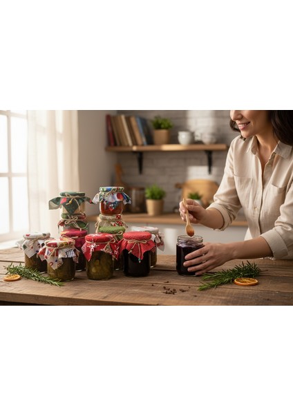 50 Adet Yılbaşı Konseptli Kavanoz Kapağı Kumaşı (Örtüsü) ve Boncuklu Bağlama Ipi ile 1 Adet Kese fırsatları