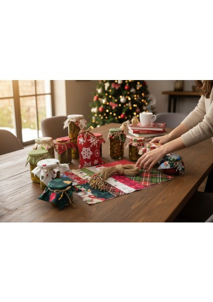 50 Adet Yılbaşı Konseptli Kavanoz Kapağı Kumaşı (Örtüsü) ve Boncuklu Bağlama Ipi ile 1 Adet Kese