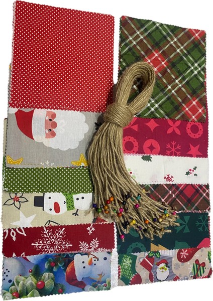 50 Adet Yılbaşı Konseptli Kavanoz Kapağı Kumaşı (Örtüsü) ve Boncuklu Bağlama Ipi ile 1 Adet Kese