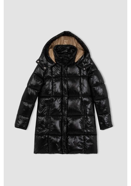 Su İtici Puffer Uzun Şişme Mont Parka Parlak Kumaş Fermuar Çıtçıt Kapamalı Cepli A9947AX23WN