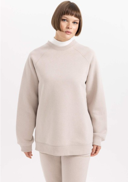 Oversize Geniş Kalıp Bisiklet Yaka Kalın Basic Düz Sweatshirt