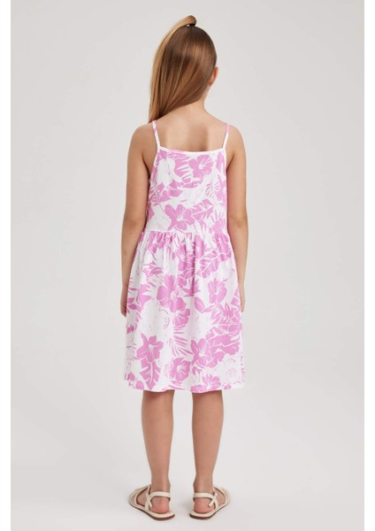 Kız Çocuk Desenli Pamuklu Askılı Elbise