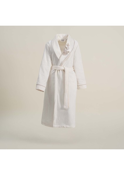 Vanya Kadın Bornoz %100 Organik Pamuk Kadife Aplike Nakışlı Krem