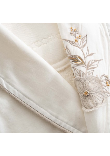 Vanya Kadın Bornoz %100 Organik Pamuk Kadife Aplike Nakışlı Krem fiyatları