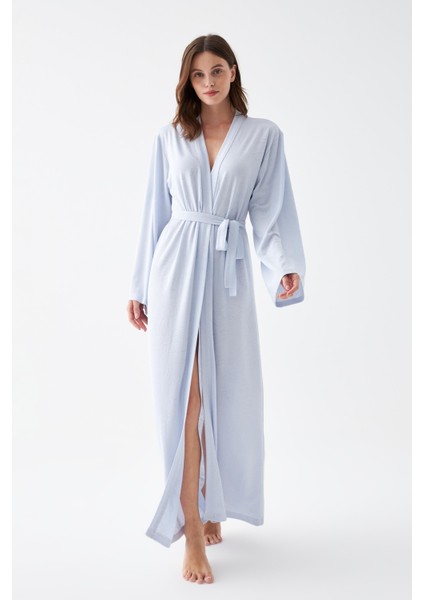 Kadın Uzun Mavi Penye Sabahlık