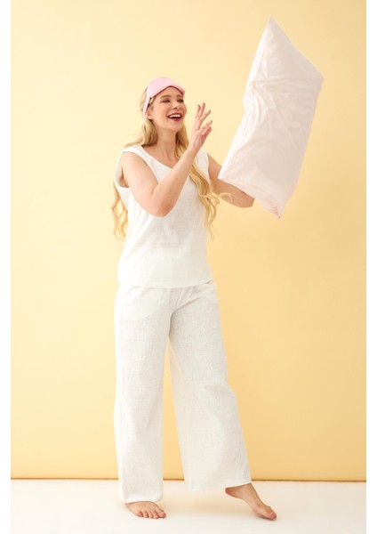 Kadın Ekru Keten Jakarlı Büyük Beden Alt Üst Takım modelleri