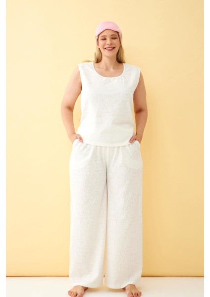 Kadın Ekru Keten Jakarlı Büyük Beden Alt Üst Takım fırsatları