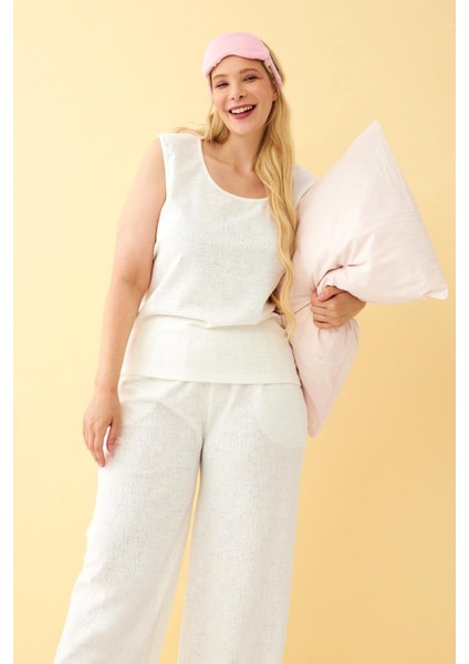 Kadın Ekru Keten Jakarlı Büyük Beden Alt Üst Takım