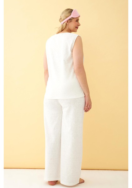 Kadın Ekru Keten Jakarlı Büyük Beden Alt Üst Takım