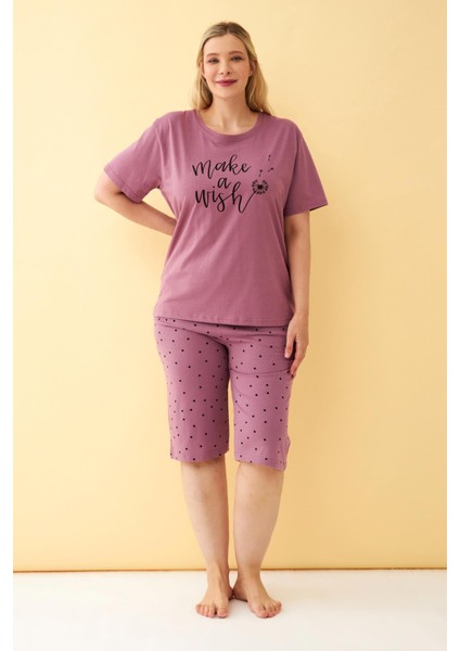 Kadın Mürdüm “make A Wish” Yazılı Büyük Beden Kapri Pijama Takımı fiyatları