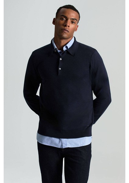 Kaşmir Pamuk Karışım Polo Yaka Lacivert Triko