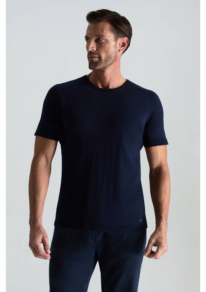 Bisiklet Yaka Lacivert Giza Pamuk Triko T-Shirt