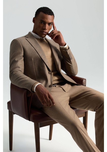 Italyan Yün Kaşmir Karışım Tütün Rengi Blazer Ceket