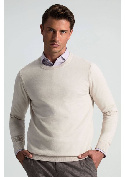 Kaşmir Pamuk Karışım Bisiklet Yaka Latte Rengi Triko