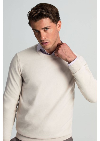 Kaşmir Pamuk Karışım Bisiklet Yaka Latte Rengi Triko modelleri