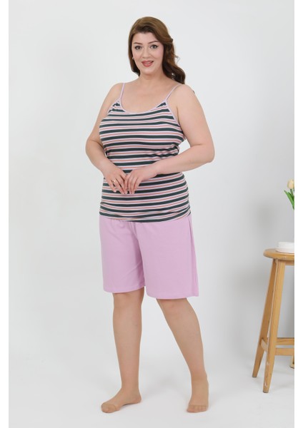 Kadın Büyük Beden Ip Askılı Penye Şortlu Takım Lila 202508