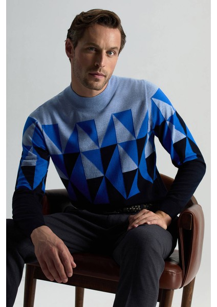 Merino Yün Lupetto Yaka Desenli Lacivert Triko