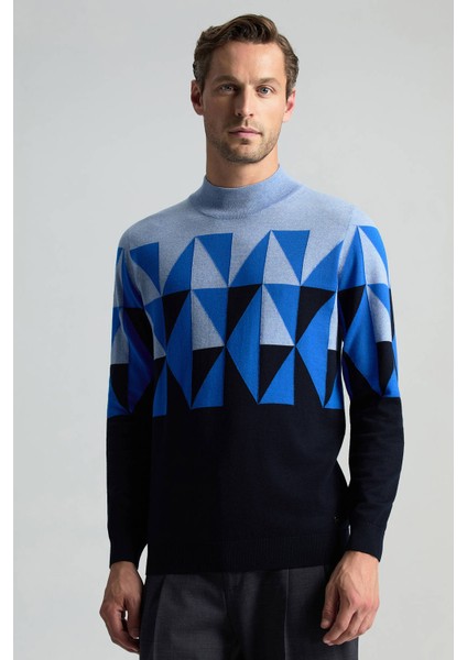 Merino Yün Lupetto Yaka Desenli Lacivert Triko fiyatları