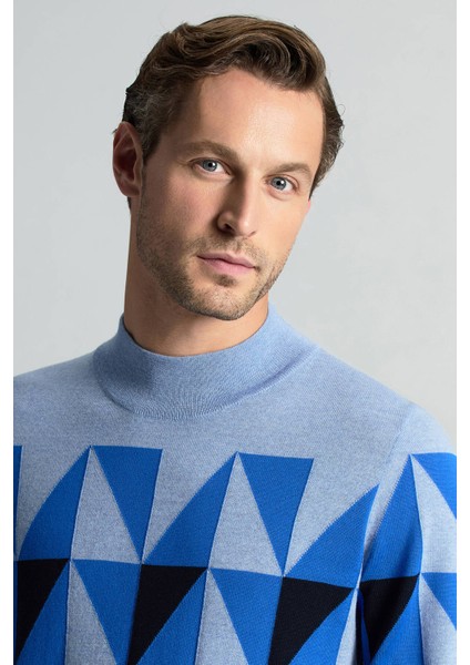 Merino Yün Lupetto Yaka Desenli Lacivert Triko modelleri