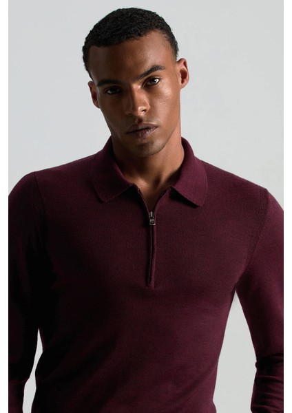 Merino Yün Ipek Karışım Polo Yaka Yarım Fermuarlı Bordo Triko