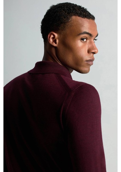 Merino Yün Ipek Karışım Polo Yaka Yarım Fermuarlı Bordo Triko fiyatları