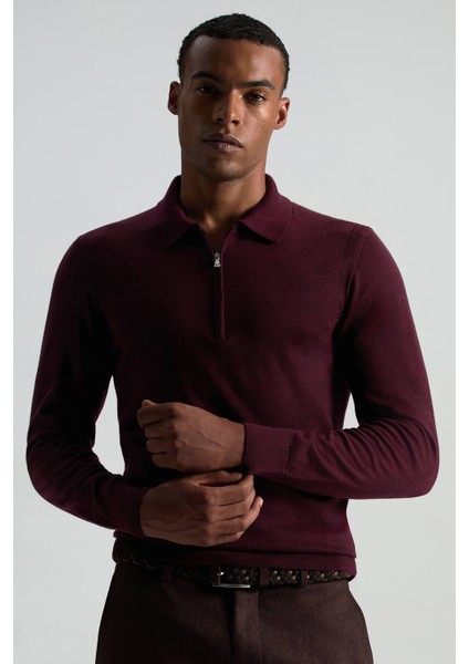 Merino Yün Ipek Karışım Polo Yaka Yarım Fermuarlı Bordo Triko indirimleri