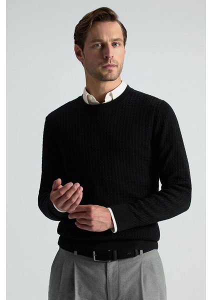 Merino Yün Ipek Karışım Örgü Desen Bisiklet Yaka Siyah Triko