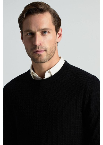 Merino Yün Ipek Karışım Örgü Desen Bisiklet Yaka Siyah Triko fiyatları